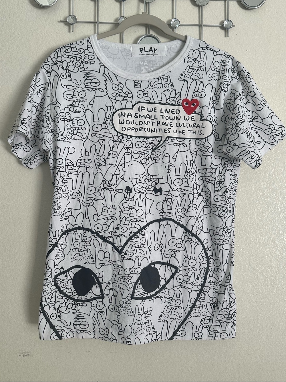Comme des Garcons PLAY White Graphic All-Over Doodle Tee with Red Heart